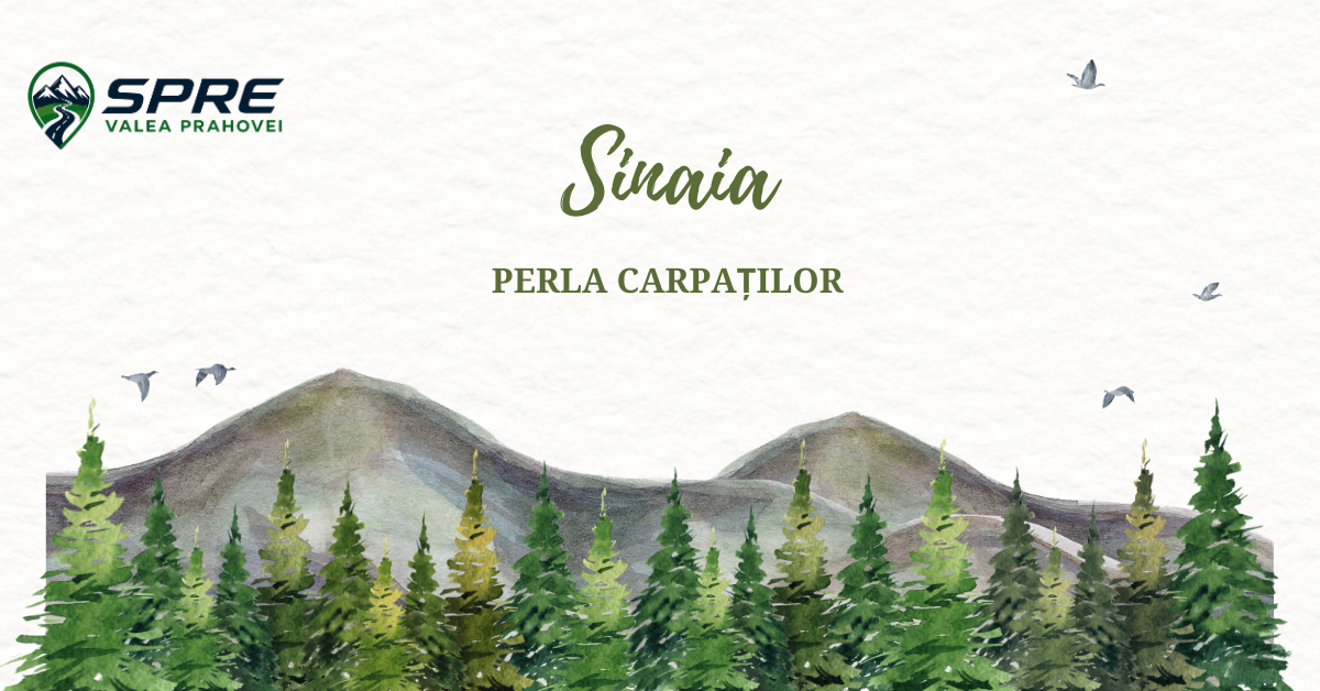 Sinaia-ilustrat printr-un peisaj montan cu brazi și munți în stil acuarelă.
